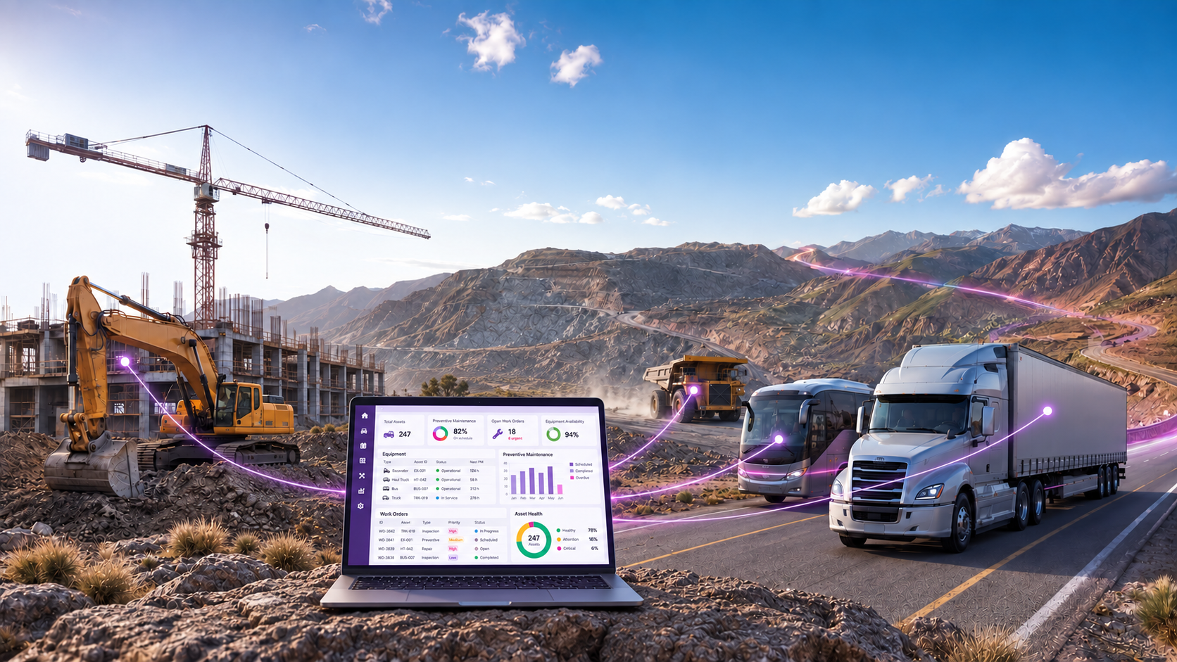 Laptop con SISMAN Z9 conectada con maquinaria de construcción, minería, un bus y un camión de carga