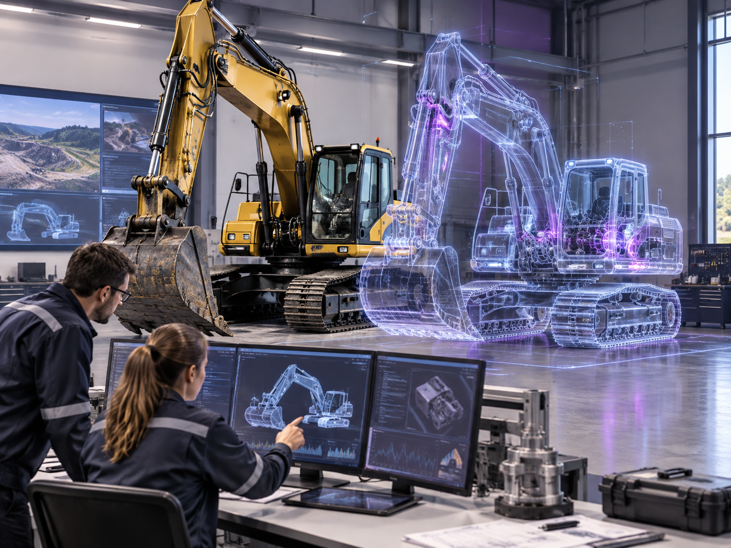 Ingenieros analizando el gemelo digital de una excavadora