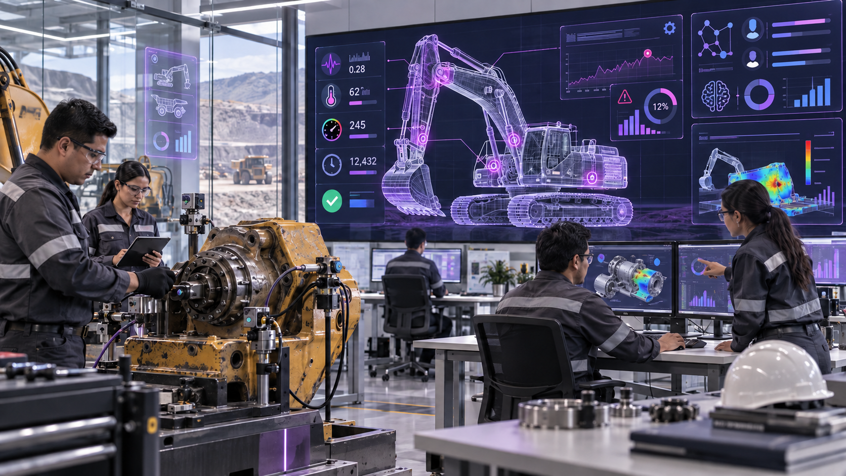 Ingenieros trabajando con simuladores y gemelos digitales de maquinaria en el Maquensis Digital Maintenance Lab