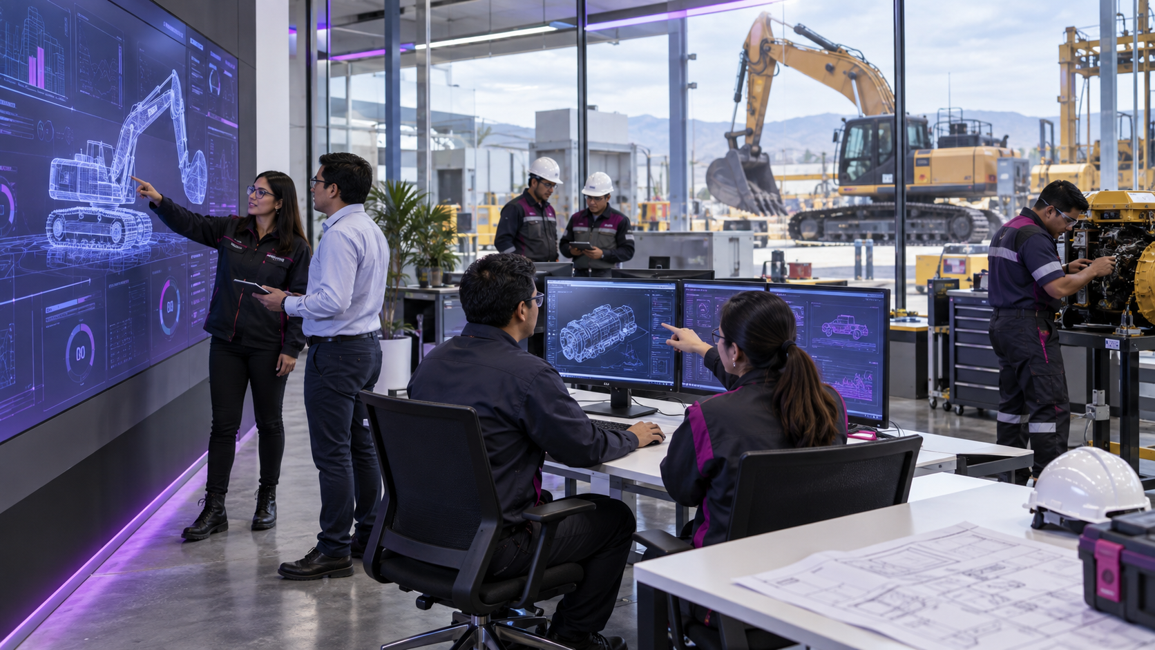 Ingenieros de software y mantenimiento trabajando con tecnología aplicada a maquinaria industrial
